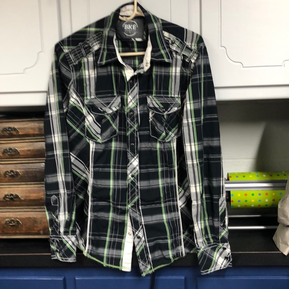 BKE Other - BKE ATHLETIC FIT tapered front and back Black white and lime green plaid
